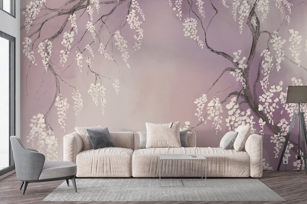 Tapet Cireș alb delicat cu flori înflorite pe ramuri pe fundal roz, Fototapet Flori, w08243v2 : Uwalls.ro