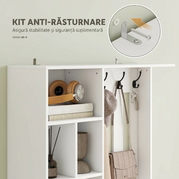 HOMCOM Cuier 180 cm cu Bancă pentru Pantofi, Soluție 4-în-1 cu Raft Reglabil, 4 Agățători și Compartimente Deschise, pentru Hol sau Living, Alb | Aosom Romania