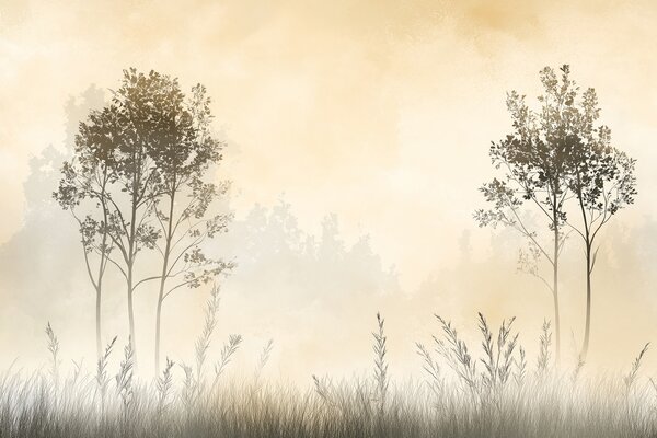 Tapet Pădure cețoasă, peisaje naturale, pajiște, copaci, culoare bej, Fototapet Natură, w01547 : Uwalls.ro