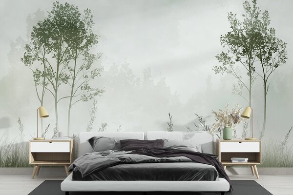 Tapet Pădure cețoasă, peisaje naturale, pajiște, copaci, culoare verde, Fototapet Natură, w01547v2 : Uwalls.ro