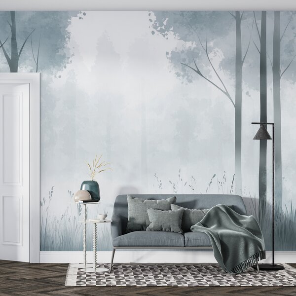 Tapet Pădure acuarelă, ceață, copaci, iarbă, peisaj natural, culoare gri, Fototapet Natură, w01563v3 : Uwalls.ro