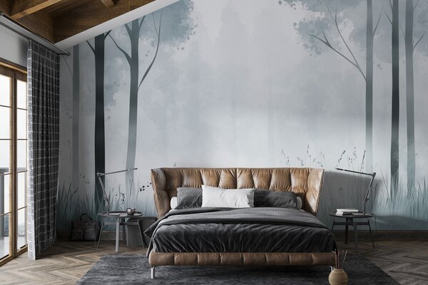Tapet Pădure acuarelă, ceață, copaci, iarbă, peisaj natural, culoare gri, Fototapet Natură, w01563v3 : Uwalls.ro