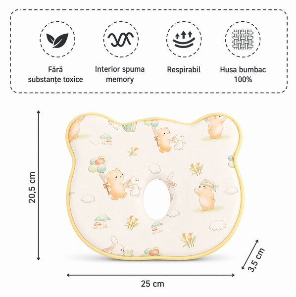 Perna bebe anti-plagiocefalie Kidizi Joyful Friends cu husa de schimb din bumbac, spuma memory pentru prevenirea si corectarea plagiocefaliei, 0-12 luni