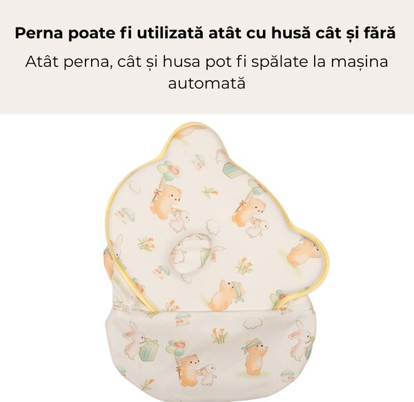 Perna bebe anti-plagiocefalie Kidizi Joyful Friends cu husa de schimb din bumbac, spuma memory pentru prevenirea si corectarea plagiocefaliei, 0-12 luni
