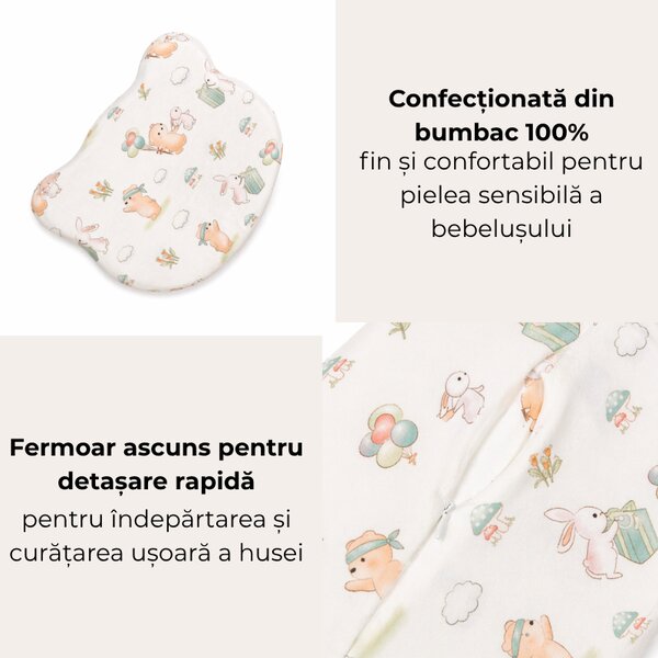 Perna bebe anti-plagiocefalie Kidizi Joyful Friends cu husa de schimb din bumbac, spuma memory pentru prevenirea si corectarea plagiocefaliei, 0-12 luni