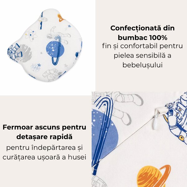 Perna bebe anti-plagiocefalie Kidizi Astronaut cu husa de schimb din bumbac, spuma memory pentru prevenirea si corectarea plagiocefaliei, 0-12 luni