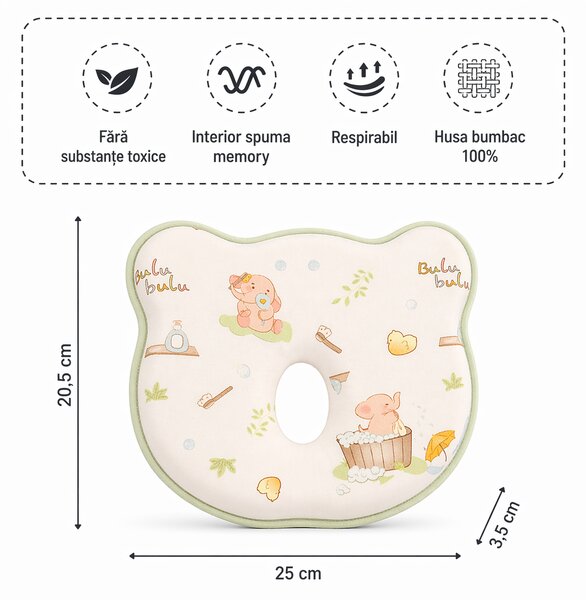 Perna bebe anti-plagiocefalie Kidizi Elephant Bubble cu husa de schimb din bumbac, spuma memory pentru prevenirea si corectarea plagiocefaliei, 0-12 luni
