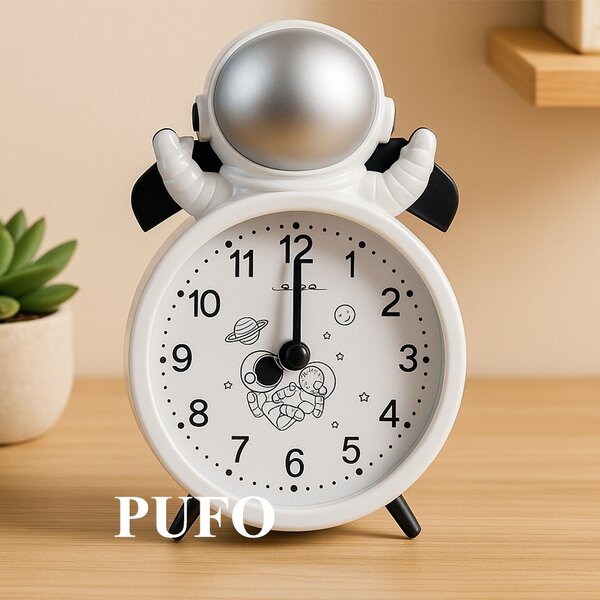 Ceas de masa desteptator pentru copii Pufo Astronautul Fericit, 15 cm, argintiu