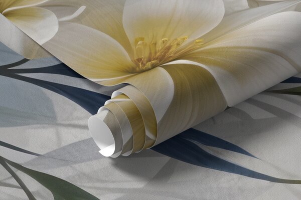 Tapet Buchet floral alb, bej și albastru cu frunze delicate pe un fundal blând, neclar, Fototapet Flori, w08314 : Uwalls.ro