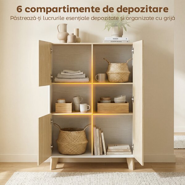 HOMCOM Servantă de Bucătărie, Mobilier de Bucătărie cu 6 Compartimente cu Uși Soft Close pentru Living, Sufragerie, Alb și Lemn | Aosom Romania