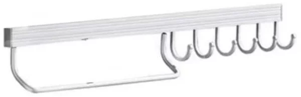 Cuier din aluminiu Pufo pentru bucatarie cu 8 carlige si suport prosop– Organizator ustensile, tacamuri si accesorii, montaj pe perete, 50 cm