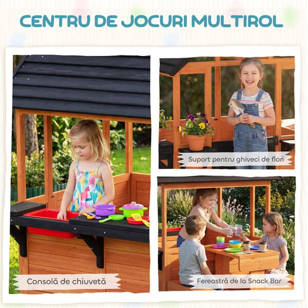 AIYAPLAY Căsuță de Grădină pentru Copii din Lemn de Molid, Căsuță pentru Exterior cu Masă, Bănci, Chiuvetă, Ușă pe Jumătate, Suport Ghivece, Fereastră Snack Bar, 3-8 Ani, 166x113x140 cm, Maro Deschis | Aosom Romania