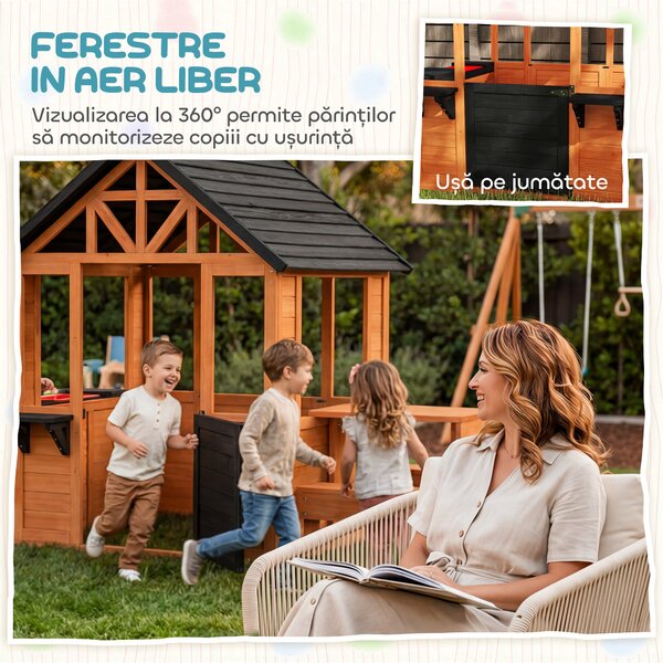 AIYAPLAY Căsuță de Grădină pentru Copii din Lemn de Molid, Căsuță pentru Exterior cu Masă, Bănci, Chiuvetă, Ușă pe Jumătate, Suport Ghivece, Fereastră Snack Bar, 3-8 Ani, 166x113x140 cm, Maro Deschis | Aosom Romania