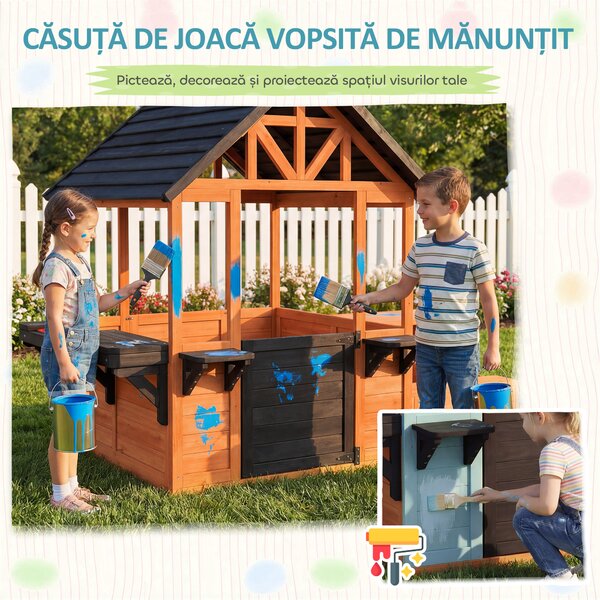 AIYAPLAY Căsuță de Grădină pentru Copii din Lemn de Molid, Căsuță pentru Exterior cu Masă, Bănci, Chiuvetă, Ușă pe Jumătate, Suport Ghivece, Fereastră Snack Bar, 3-8 Ani, 166x113x140 cm, Maro Deschis | Aosom Romania