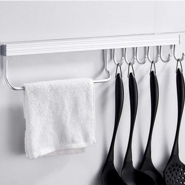 Cuier din aluminiu Pufo pentru bucatarie cu 8 carlige si suport prosop– Organizator ustensile, tacamuri si accesorii, montaj pe perete, 50 cm