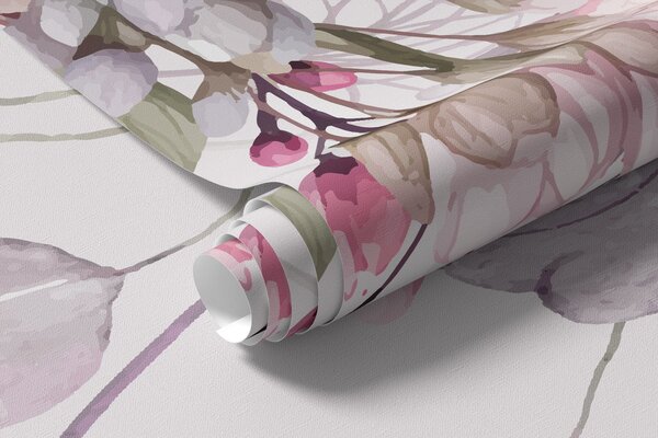 Tapet Delicate ramuri florale roz și alb cu frunze și petale, pe fundal gri pastel, Fototapet Flori, w08347 : Uwalls.ro
