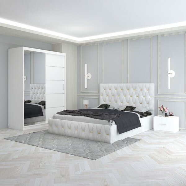 Set Mobila De Dormitor Eric Alb, pat tapitat 160x200cm, dulap cu oglinda 150x210cm, noptiere