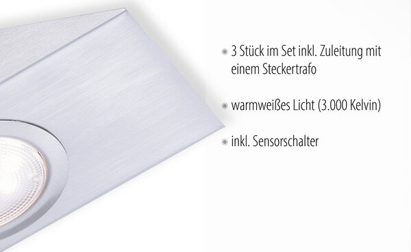 JUST LIGHT. GmbH Lampă cu LED sub dulap Theo, pătrată, set de 3, Metalic, Bucătărie, Plastic, Modern