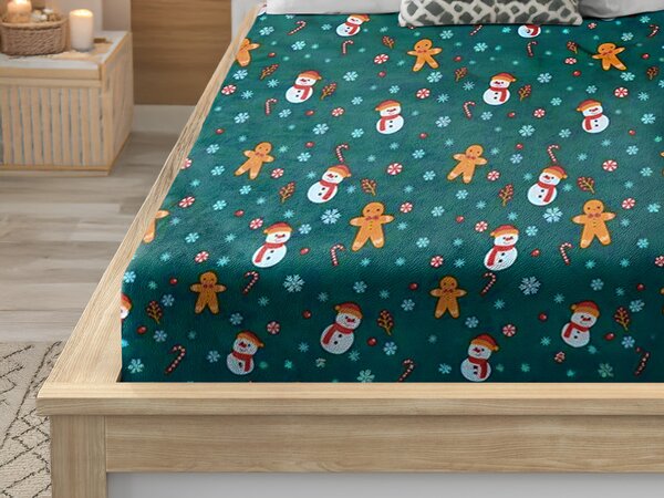 Cearsaf Cocolino microplus cu elastic SNOWMAN AND GINGERBREAD 90x200 cm verde