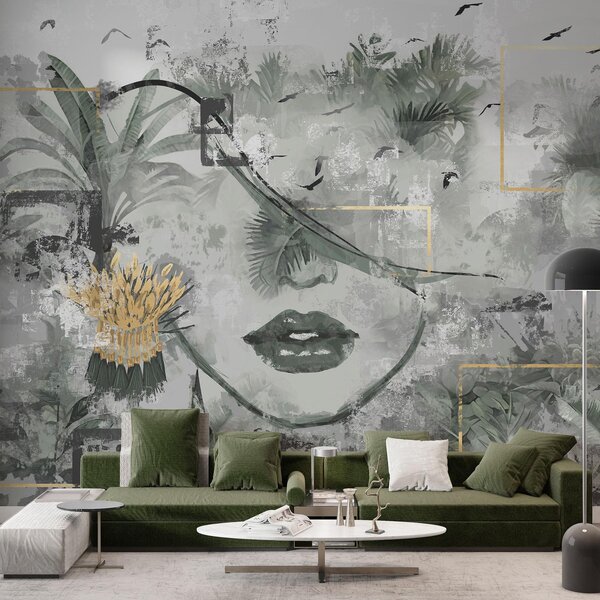 Tapet Grunge pădure tropicală și silueta feței unei fete, Fototapet Natură, w01916d1 : Uwalls.ro