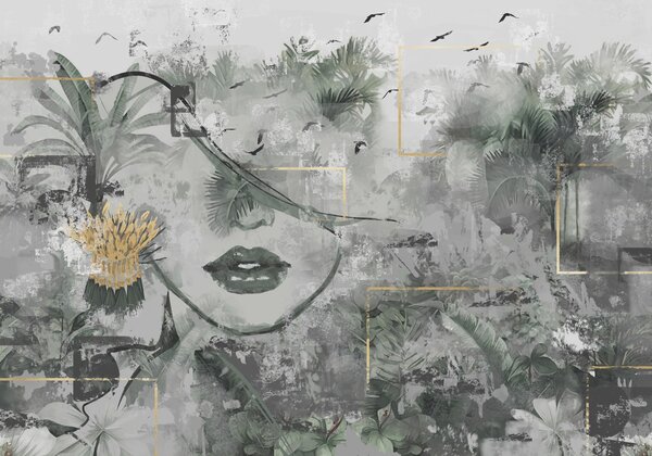 Tapet Grunge pădure tropicală și fata fata fata silueta, Fototapet Modern, w01916 : Uwalls.ro