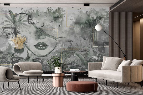 Tapet Grunge pădure tropicală și fata fata fata silueta, Fototapet Modern, w01916 : Uwalls.ro