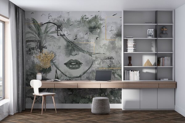 Tapet Grunge pădure tropicală și silueta feței unei fete, Fototapet Natură, w01916d1 : Uwalls.ro