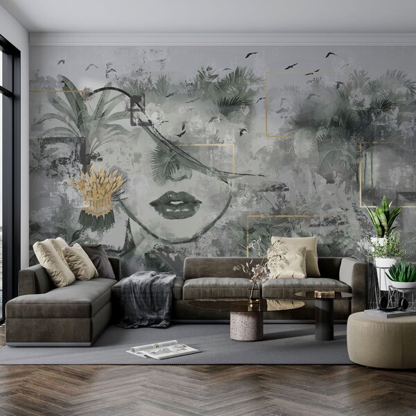 Tapet Grunge pădure tropicală și fata fata fata silueta, Fototapet Modern, w01916 : Uwalls.ro