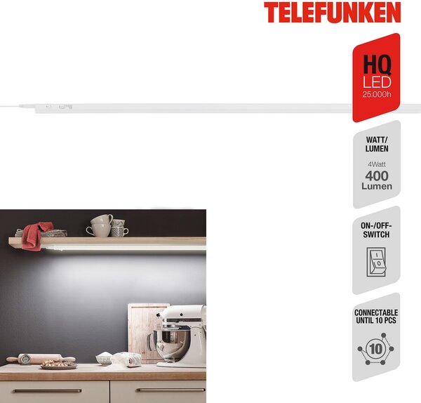 Telefunken LED sub dulap cu lumină Hephaistos, alb, lungime 117 cm, Alb, Bucătărie, Plastic