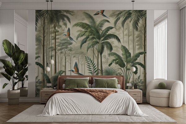 Tapet Panorama cu peisaj tropical și păsări, Fototapet Natură, w01957 : Uwalls.ro