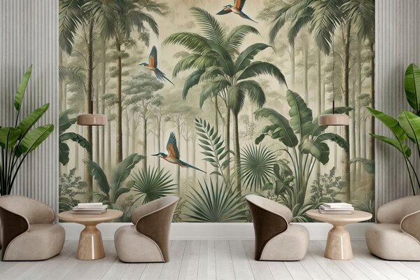 Tapet Panorama cu peisaj tropical și păsări, Fototapet Natură, w01957 : Uwalls.ro