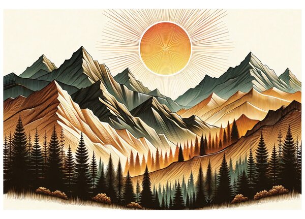 Tapet peisaj montan cu soare răsărind