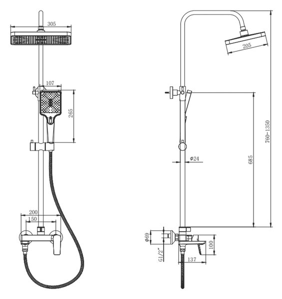 Aqualine Aqualine, coloană de duș FLERY cu baterie cu pârghie, braț rotativ, grafit, FY690GM
