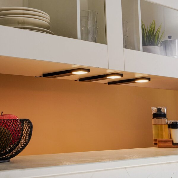 Lindby Amaryll LED lampă sub dulap, set de 3, negru, Negru, Bucătărie, Plastic, Modern, Ansamblu de mobilier
