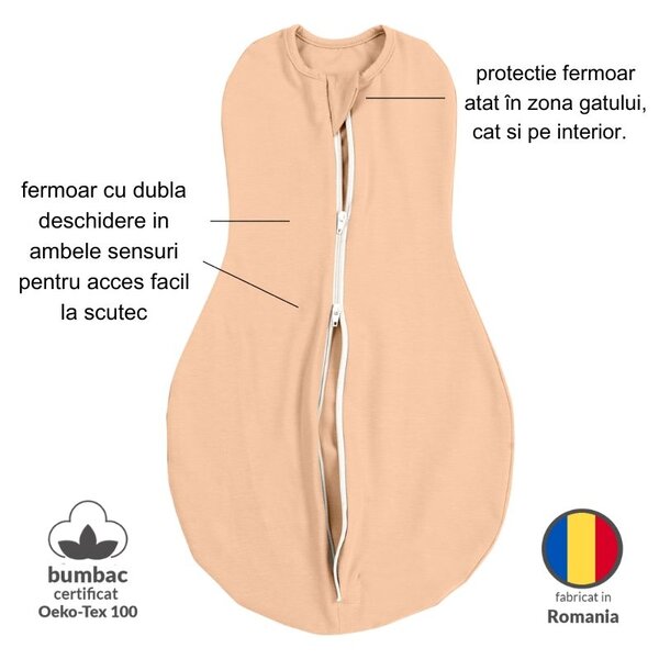 Sistem de infasat cu fermoar dublu Kidizi SnugPod UP Peach M, pentru bebelusi cu greutate de 3.8-7 kg, 0.5 tog