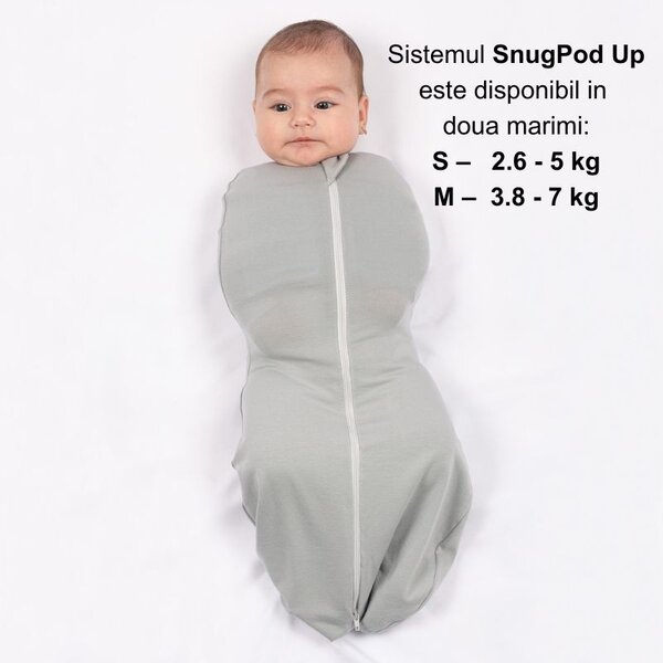 Sistem de infasat cu fermoar dublu Kidizi SnugPod UP Grey M, pentru bebelusi cu greutate de 3.8-7 kg, 0.5 tog