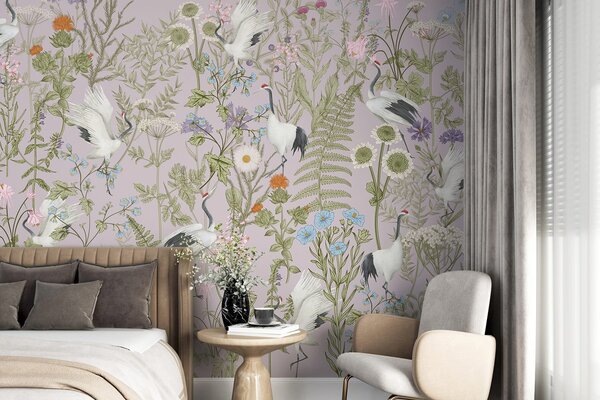 Tapet Macarale elegante în mijlocul florilor vibrante, Fototapet Animale, Fototapet Păsări, w00380v3 : Uwalls.ro