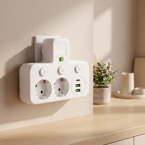 Toolight Toolight, JNH017, hub priză 2 prize + 2× USB-A + USB-C cu lumină LED, alb, OSW-56309