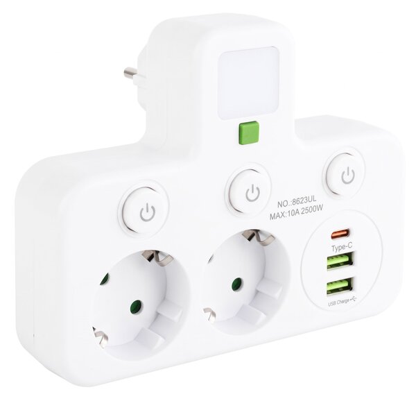Toolight Toolight, JNH017, hub priză 2 prize + 2× USB-A + USB-C cu lumină LED, alb, OSW-56309