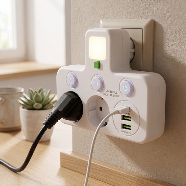 Toolight Toolight, JNH017, hub priză 2 prize + 2× USB-A + USB-C cu lumină LED, alb, OSW-56309