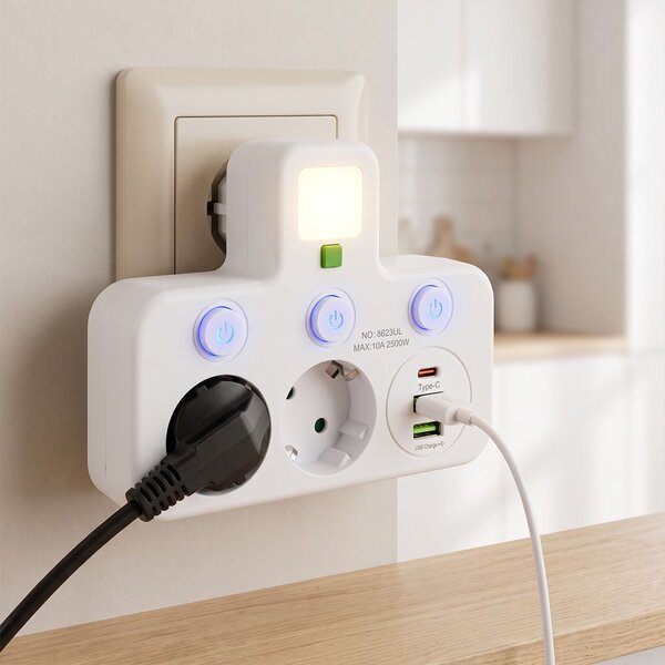 Toolight Toolight, JNH017, hub priză 2 prize + 2× USB-A + USB-C cu lumină LED, alb, OSW-56309