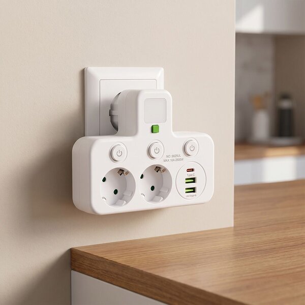 Toolight Toolight, JNH017, hub priză 2 prize + 2× USB-A + USB-C cu lumină LED, alb, OSW-56309