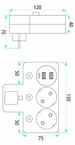 Toolight Toolight, JNH017, hub priză 2 prize + 2× USB-A + USB-C cu lumină LED, alb, OSW-56309