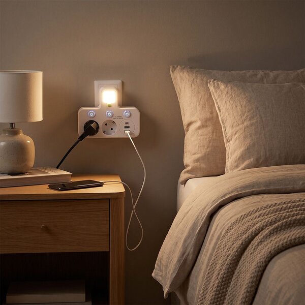 Toolight Toolight, JNH017, hub priză 2 prize + 2× USB-A + USB-C cu lumină LED, alb, OSW-56309