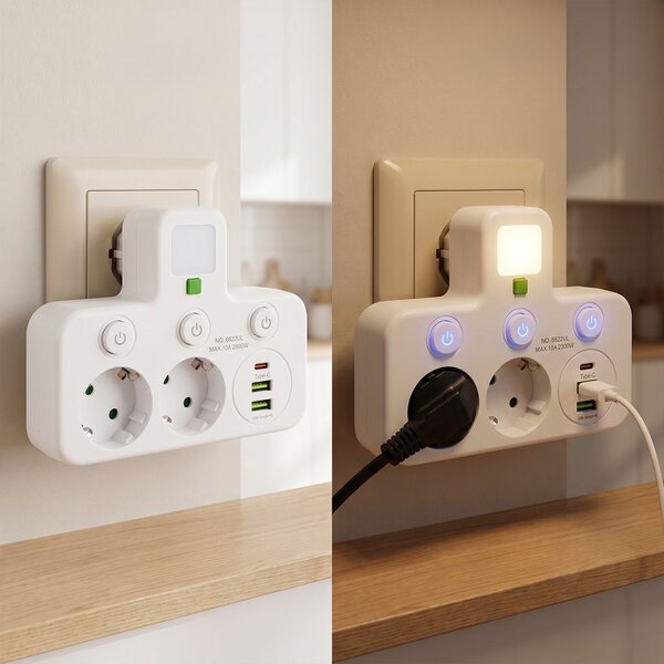 Toolight Toolight, JNH017, hub priză 2 prize + 2× USB-A + USB-C cu lumină LED, alb, OSW-56309