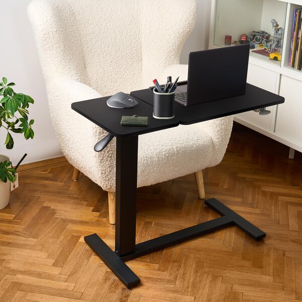 Masa reglabila pe inaltime cu lift pneumatic, blat 80x40 cm in 2 parti (inclinabil + rabatabil pentru depozitare), cu roti, 66–90 cm, baza tip „c” pentru pat/canapea, onuvio® - negru