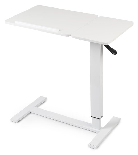 Masa reglabila pe inaltime cu lift pneumatic, blat 80x40 cm in 2 parti (inclinabil + rabatabil pentru depozitare), cu roti, 66–90 cm, baza tip „c” pentru pat/canapea, onuvio® - alb