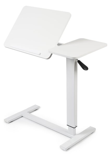 Masa reglabila pe inaltime cu lift pneumatic, blat 80x40 cm in 2 parti (inclinabil + rabatabil pentru depozitare), cu roti, 66–90 cm, baza tip „c” pentru pat/canapea, onuvio® - alb