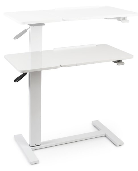 Masa reglabila pe inaltime cu lift pneumatic, blat 80x40 cm in 2 parti (inclinabil + rabatabil pentru depozitare), cu roti, 66–90 cm, baza tip „c” pentru pat/canapea, onuvio® - alb