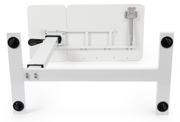Masa reglabila pe inaltime cu lift pneumatic, blat 80x40 cm in 2 parti (inclinabil + rabatabil pentru depozitare), cu roti, 66–90 cm, baza tip „c” pentru pat/canapea, onuvio® - alb